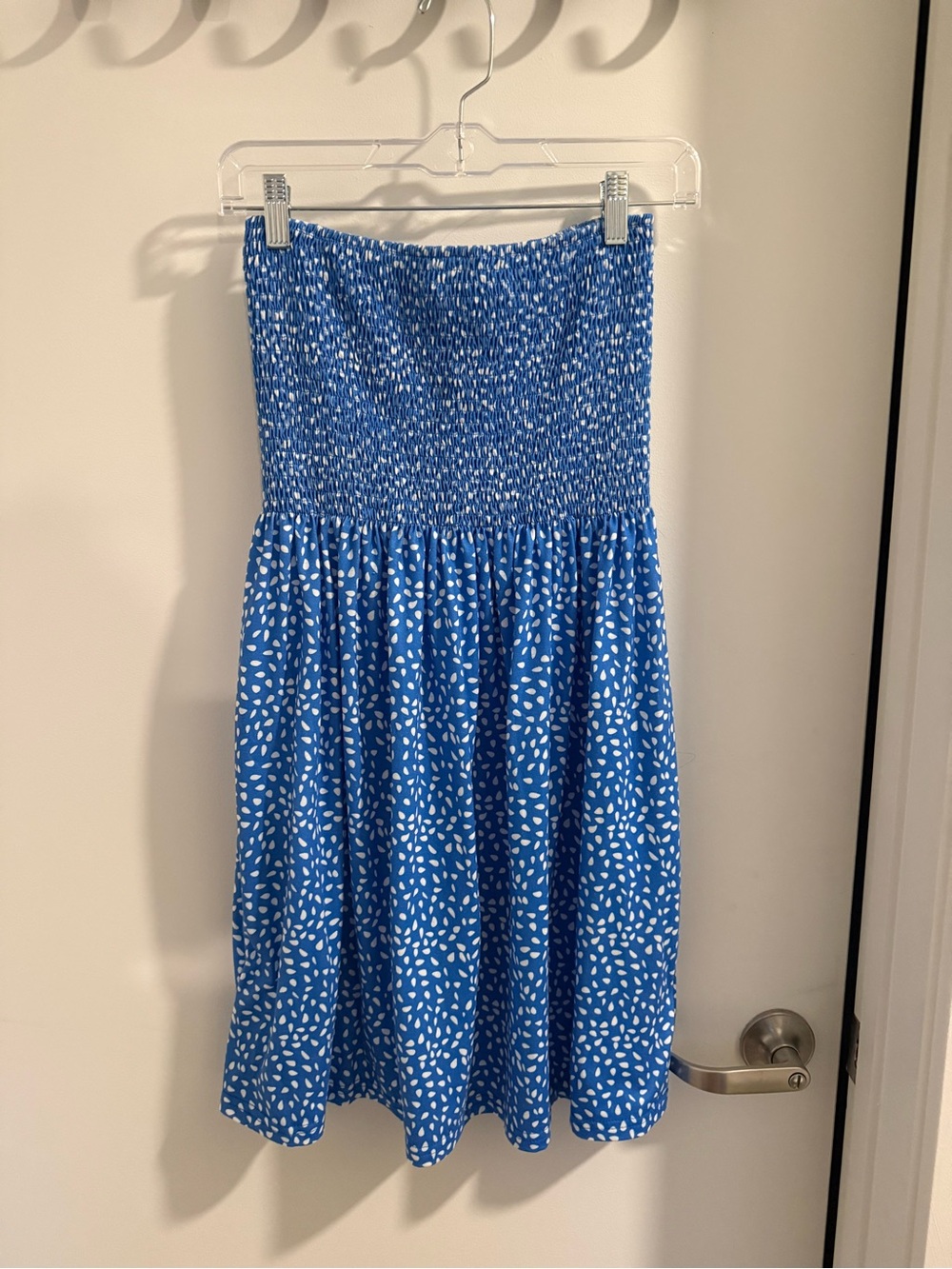 Blue Smocked Strapless Midi Dress with White Dot Print